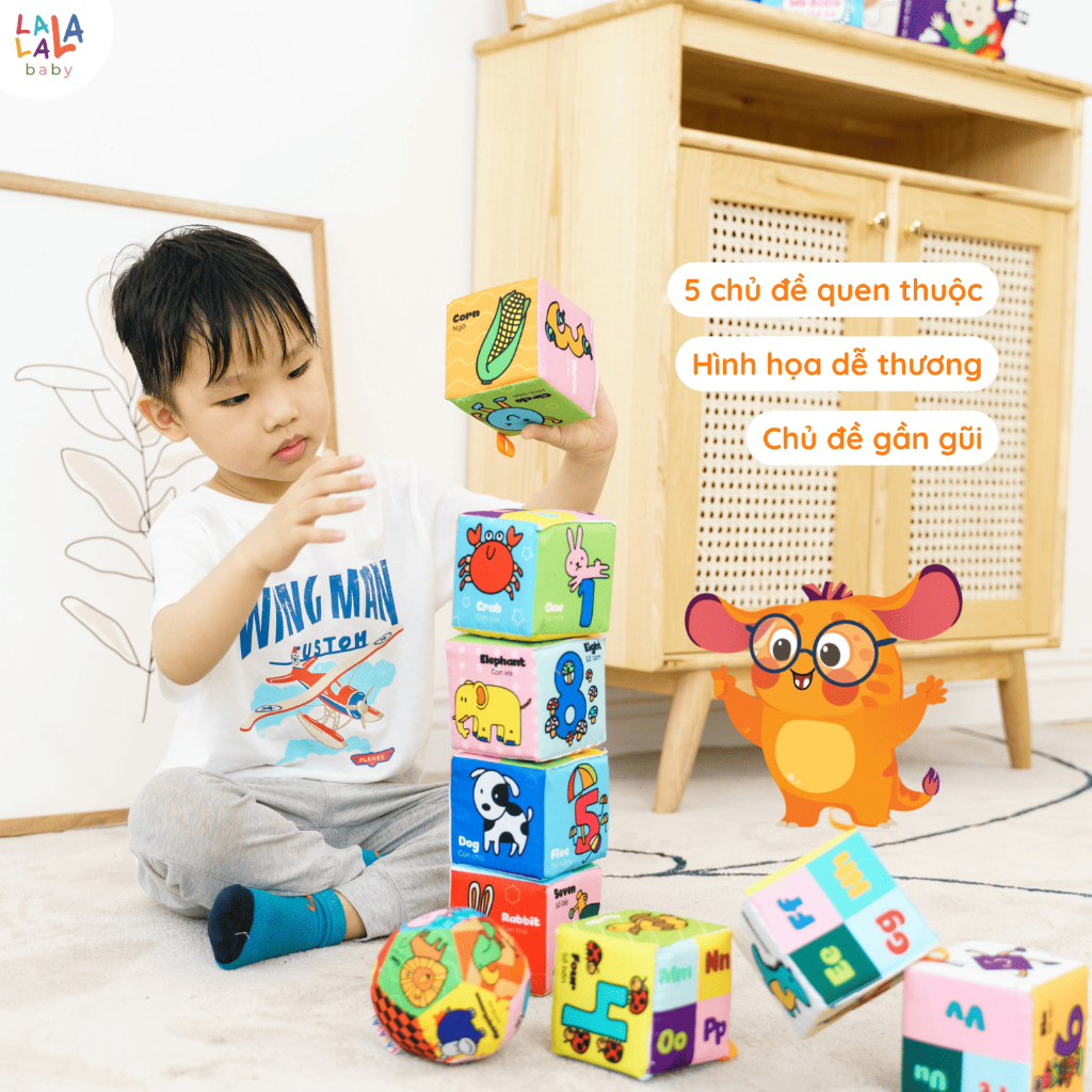 [Tặng kèm bóng vải] Bộ 8 đồ chơi hình khối xúc xắc vui nhộn Lalala Baby, vừa chơi vừa học tập TRAVEL BLOCK