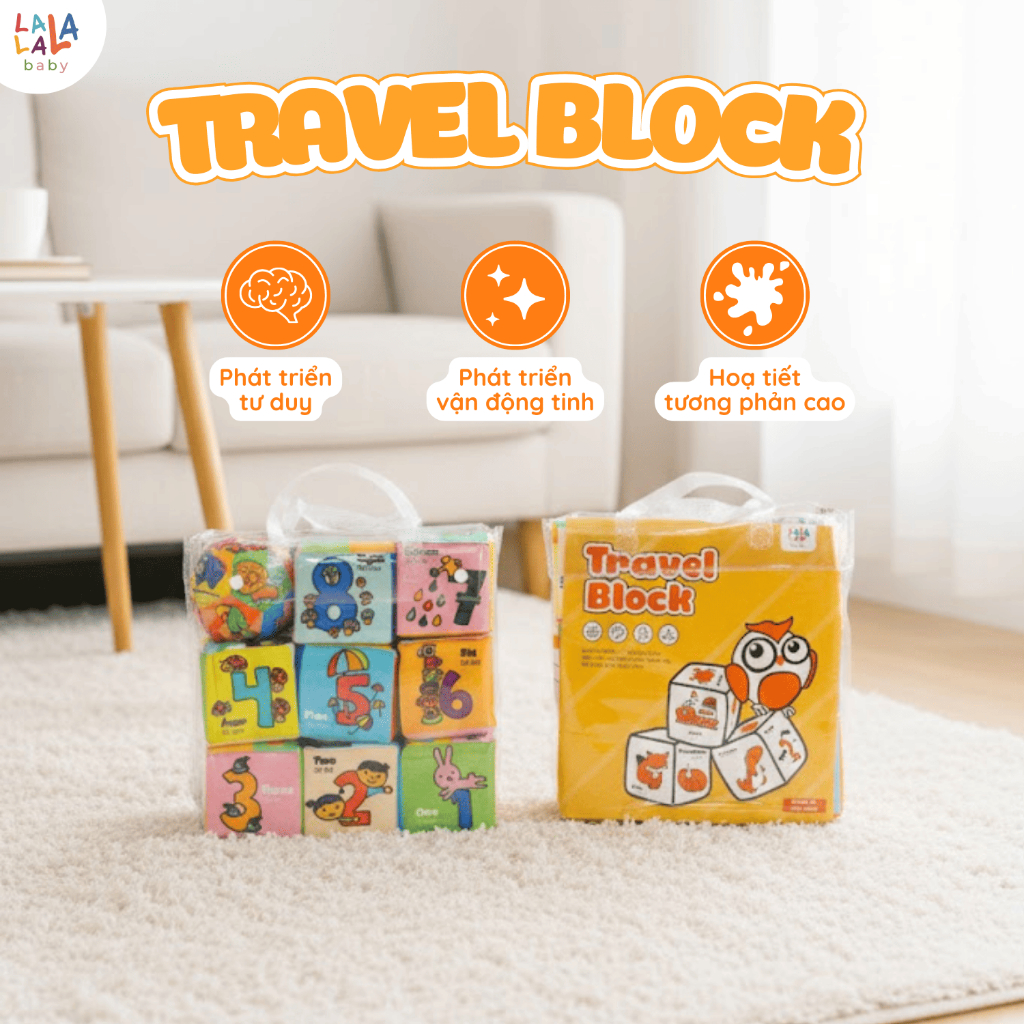[Tặng kèm bóng vải] Bộ 8 đồ chơi hình khối xúc xắc vui nhộn Lalala Baby, vừa chơi vừa học tập TRAVEL BLOCK