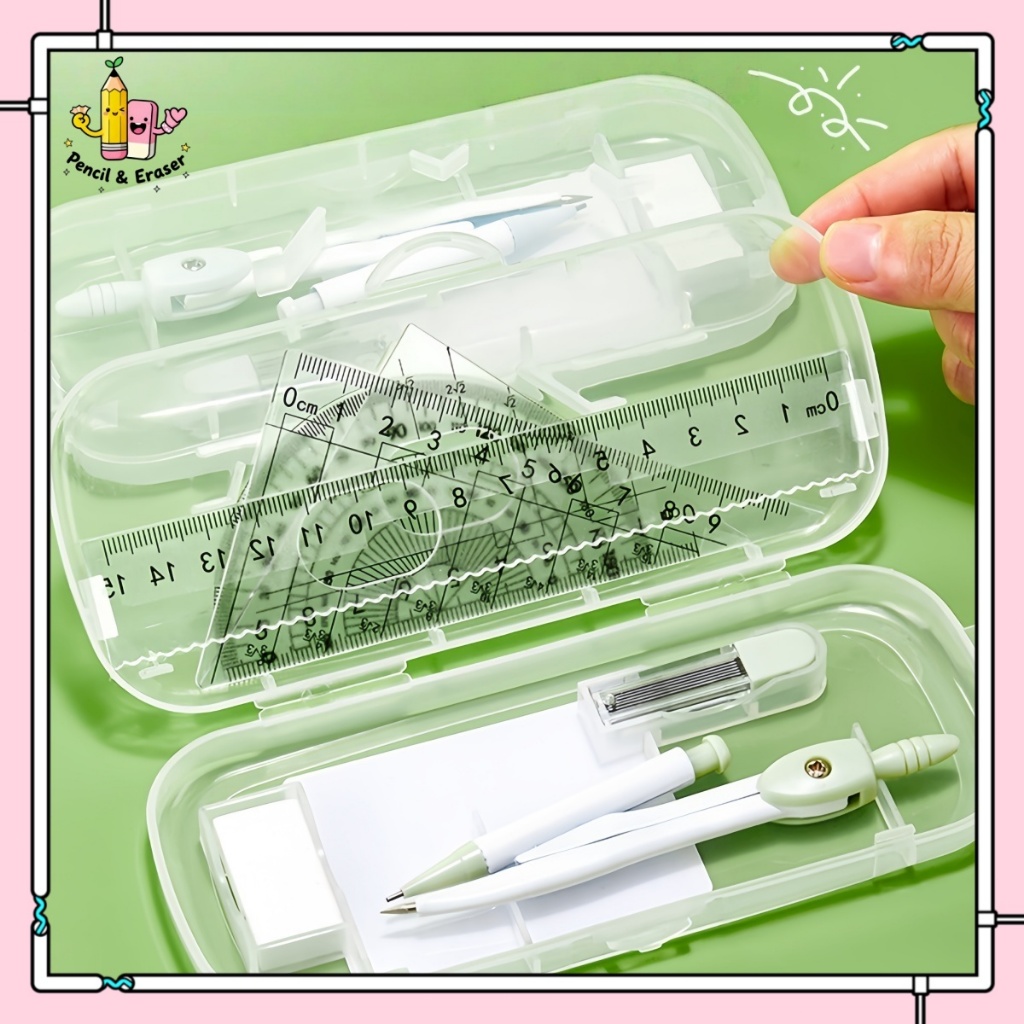 Bộ 8 món vẽ hình cho học sinh - gồm thước, compa, eke, tẩy