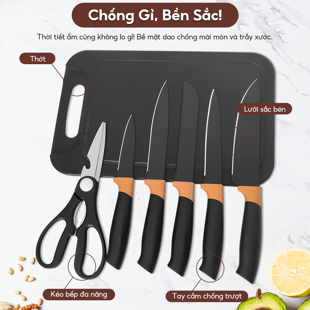 Combo bộ dao kéo dụng cụ nhà bếp 19 món nấu ăn bằng silicon thép ko gỉ có cán gỗ, tặng kèm thớt