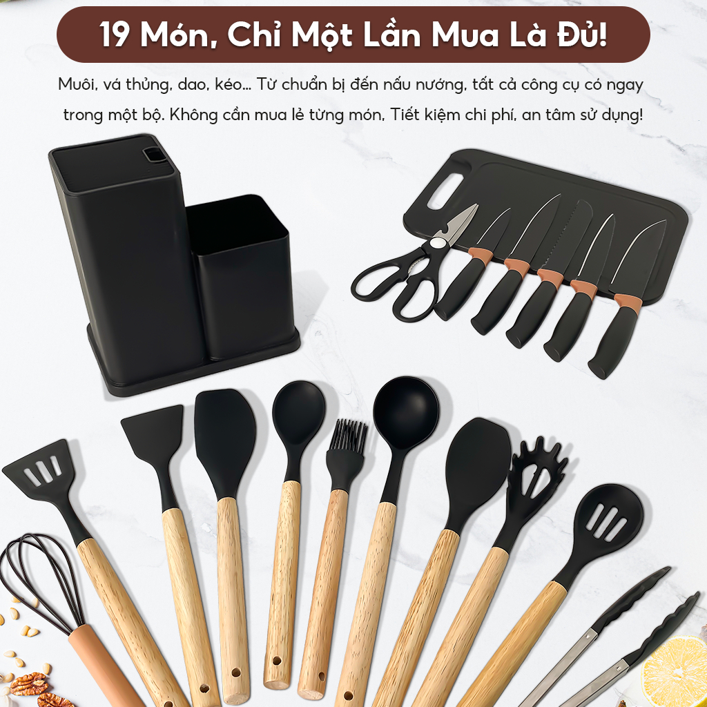 Combo bộ dao kéo dụng cụ nhà bếp 19 món nấu ăn bằng silicon thép ko gỉ có cán gỗ, tặng kèm thớt