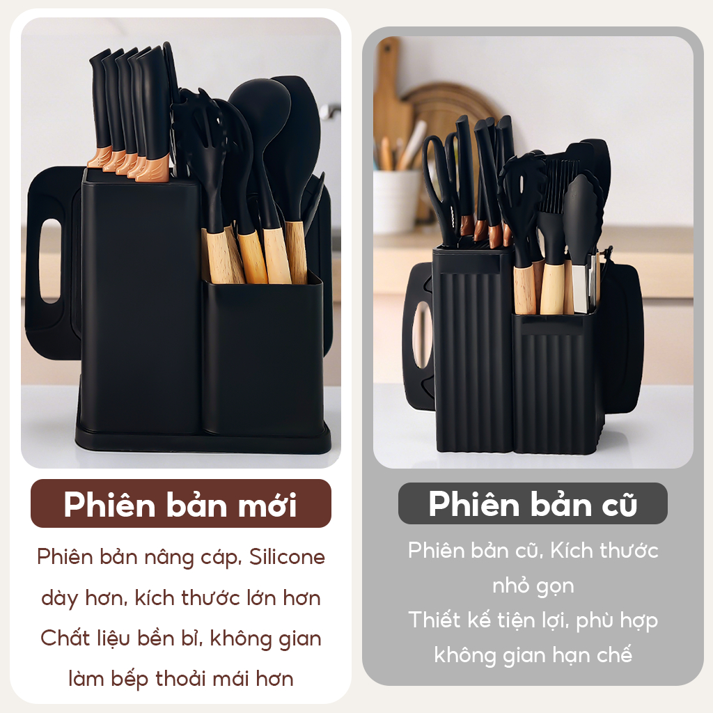 Combo bộ dao kéo dụng cụ nhà bếp 19 món nấu ăn bằng silicon thép ko gỉ có cán gỗ, tặng kèm thớt