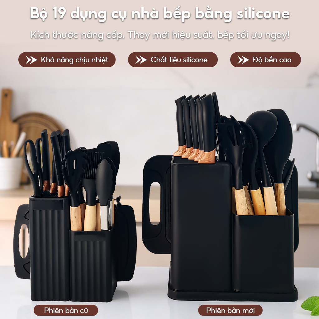 Combo bộ dao kéo dụng cụ nhà bếp 19 món nấu ăn bằng silicon thép ko gỉ có cán gỗ, tặng kèm thớt