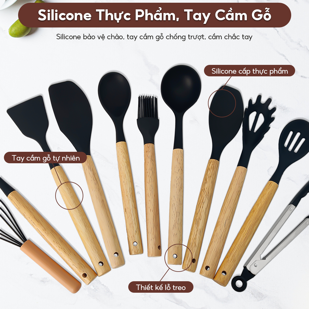 Combo bộ dao kéo dụng cụ nhà bếp 19 món nấu ăn bằng silicon thép ko gỉ có cán gỗ, tặng kèm thớt