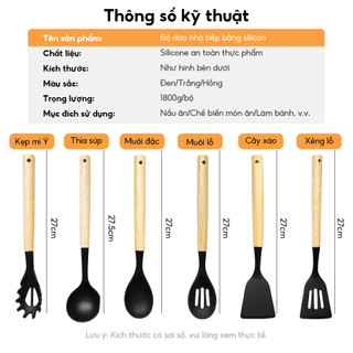 Combo bộ dao kéo dụng cụ nhà bếp 19 món nấu ăn bằng silicon thép ko gỉ có cán gỗ+ tặng kèm thớt