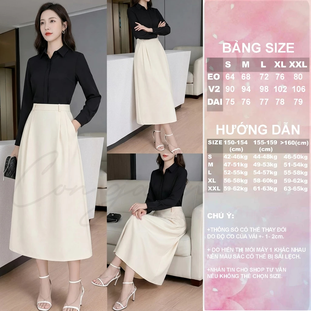 [Peinn] Chân váy cạp cao dáng A dài CV40, vải đẹp, dày dặn đứng form, tôn dáng.