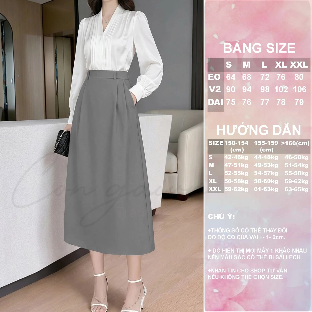 [Peinn] Chân váy cạp cao dáng A dài CV40, vải đẹp, dày dặn đứng form, tôn dáng.