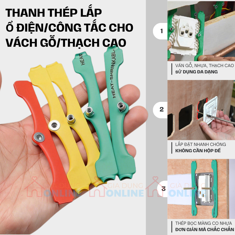 Thanh thép có lỗ vít lắp ổ điện, công tắc âm tường không cần hộp cho tường vách thạch cao, ván gỗ, nhựa PVC...