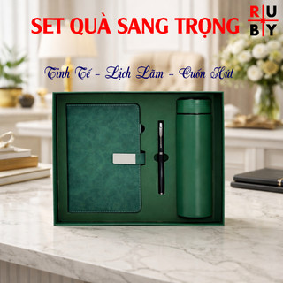 Set quà cao cấp Ruby, Set quà bình giữ nhiệt bình thủy tinh , bút kim loại & sổ da cao cấp