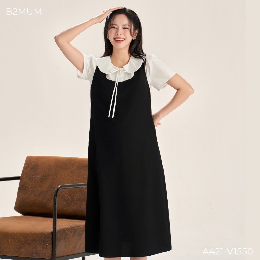 Set Phối Đồ Bầu Công Sở Nhẹ Mát - Áo Sơ Mi Cổ Sen Daily Shirt A421 & Yếm Suông Vivo Dress V1550 - By B2MUM