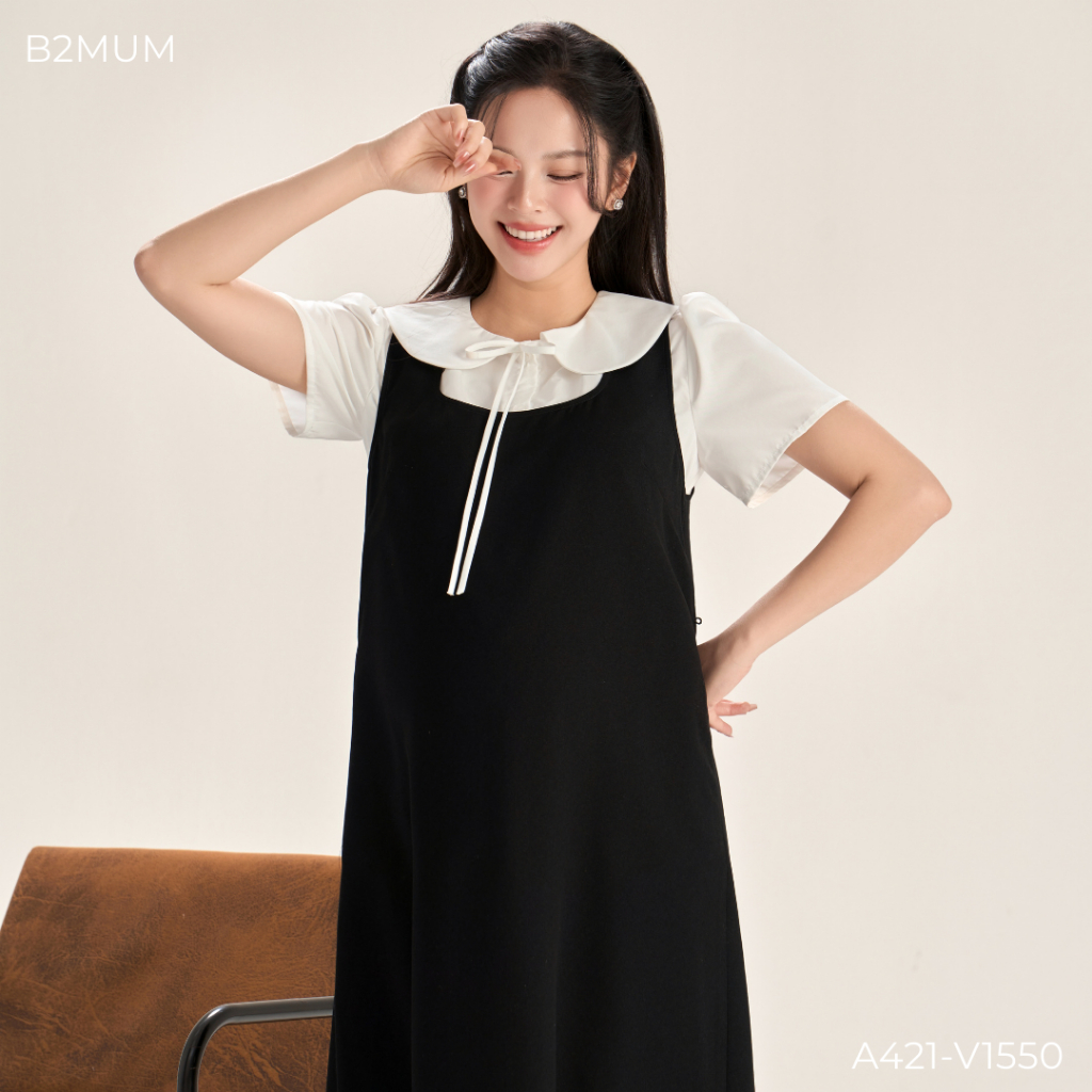 Set Phối Đồ Bầu Công Sở Nhẹ Mát - Áo Sơ Mi Cổ Sen Daily Shirt A421 & Yếm Suông Vivo Dress V1550 - By B2MUM