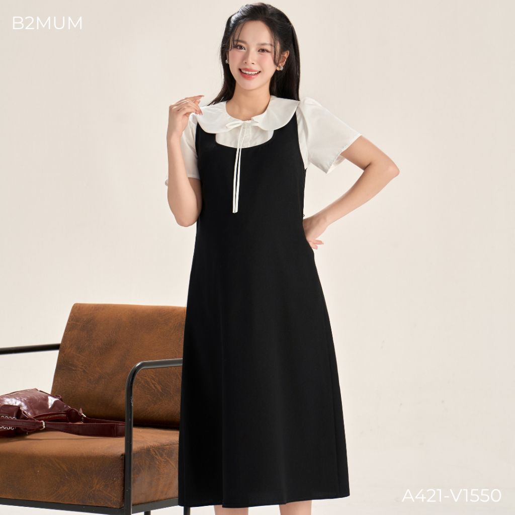 Set Phối Đồ Bầu Công Sở Nhẹ Mát - Áo Sơ Mi Cổ Sen Daily Shirt A421 & Yếm Suông Vivo Dress V1550 - By B2MUM