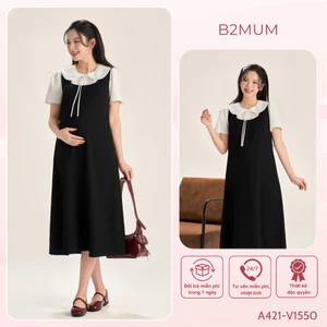 Set Phối Đồ Bầu Công Sở Nhẹ Mát - Áo Sơ Mi Cổ Sen Daily Shirt A421 & Yếm Suông Vivo Dress V1550 - By B2MUM