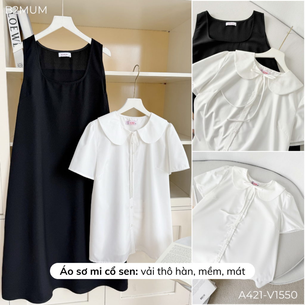 Set Phối Đồ Bầu Công Sở Nhẹ Mát - Áo Sơ Mi Cổ Sen Daily Shirt A421 & Yếm Suông Vivo Dress V1550 - By B2MUM