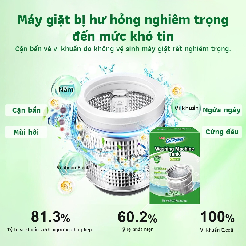 Bột Vệ Sinh Lồng Giặt GrePower, VN-6, 125g, Kháng Khuẩn, Bột Làm Sạch Trống Máy Giặt, Chất Tẩy Rửa, Đồ Dùng Máy Giặt Sâu