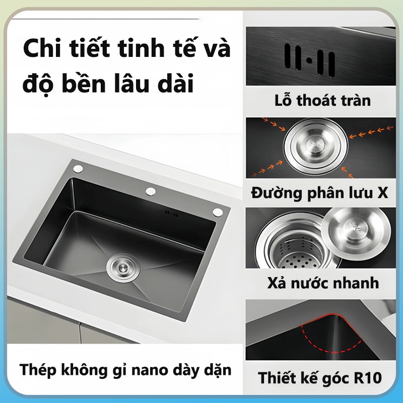 Chậu Rửa Bát 1 Hố  Inox 304 Bồn Rửa Chén 1 Ngăn Lớn Nano Chống Xước Kèm Chậu Nhỏ, Thớt, Xiphong