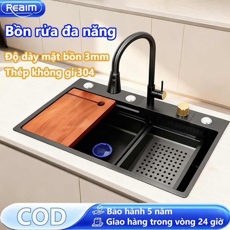 Chậu Rửa Bát 1 Hố  Inox 304 Bồn Rửa Chén 1 Ngăn Lớn Nano Chống Xước Kèm Chậu Nhỏ, Thớt, Xiphong