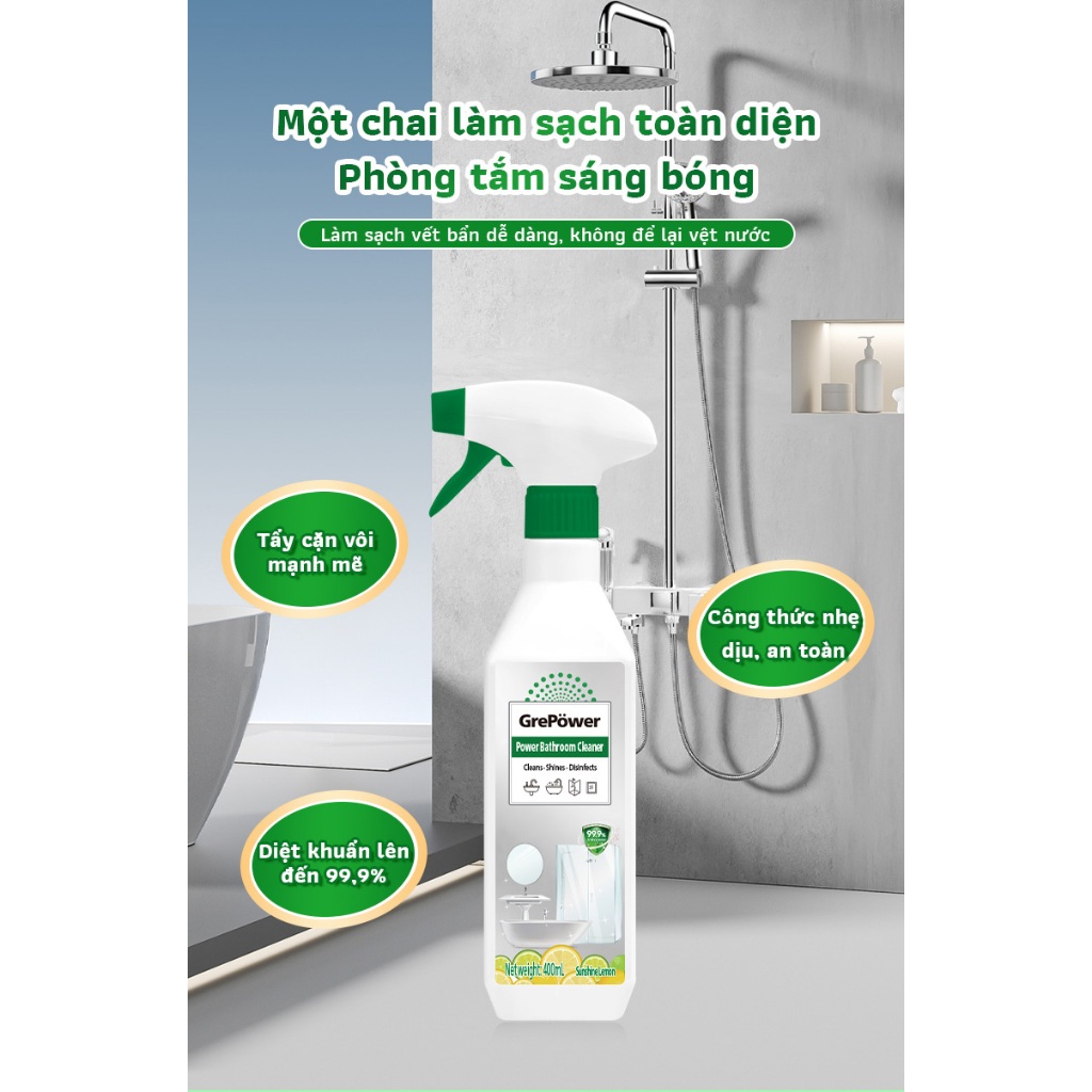 Dung Dịch Tẩy Rửa phòng tắm GrePower, cho kính, nhà vệ sinh, vòi và gạch sàn, loại bỏ vết bẩn và khử trùng