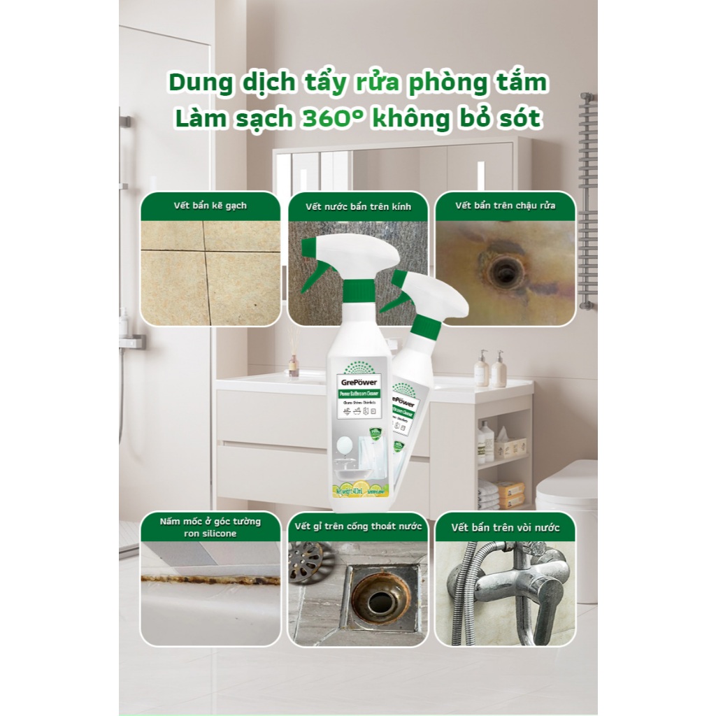 Dung Dịch Tẩy Rửa phòng tắm GrePower, cho kính, nhà vệ sinh, vòi và gạch sàn, loại bỏ vết bẩn và khử trùng