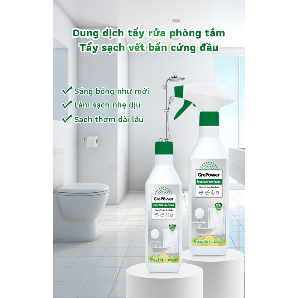 Dung Dịch Tẩy Rửa phòng tắm GrePower, cho kính, nhà vệ sinh, vòi và gạch sàn, loại bỏ vết bẩn và khử trùng