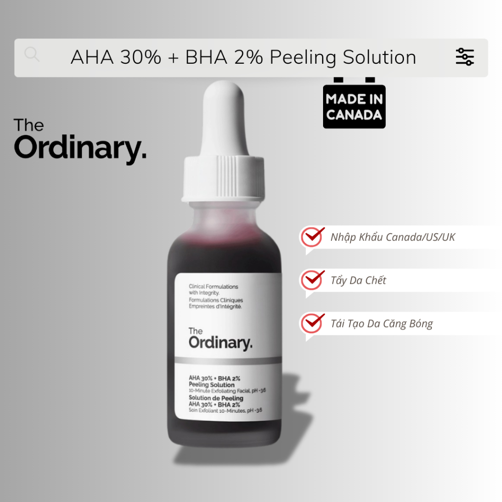 Tinh Chất Peel Da The Ordinary AHA 30% + BHA 2% Loại Bỏ Tế Bào Chết, Giảm Mụn, Dưỡng Trắng, Mờ Thâm 30ml