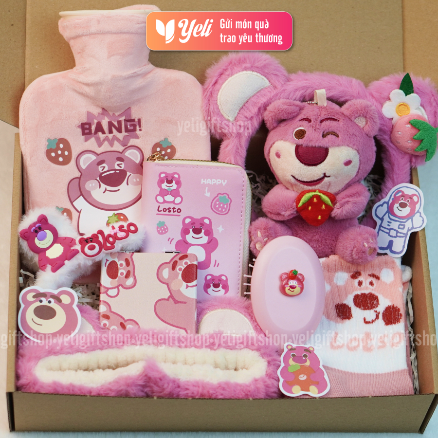 Set quà túi chườm Lotso gấu dâu tặng bạn gái, người yêu, set quà túi chườm ấm bụng gấu dâu xinh xắn, combo quà tặng