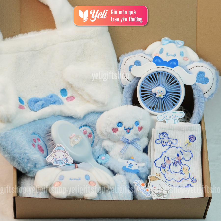 Set quà túi xách, túi nhung Cinnamoroll tặng bạn gái, người thân, hộp quà tặng Cinnamoroll kèm phụ kiện xinh xắn