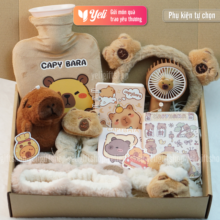Phụ kiện quà tặng Capybara tự chọn, Hộp quà quà tặng Capybara đáng yêu, Sét quà tự chọn tone nâu Yeli Shop