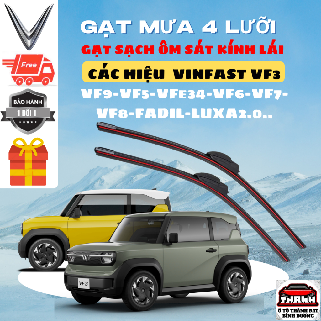 Gạt Mưa VF3, Gạt MƯA CÁC DÒNG XE VINFAST,VF8, VF9,VF7,VF6,VF5, VFe34,HERIO,LIMO GREEN Silicon 4 Lưỡi Gạt Sạch Êm