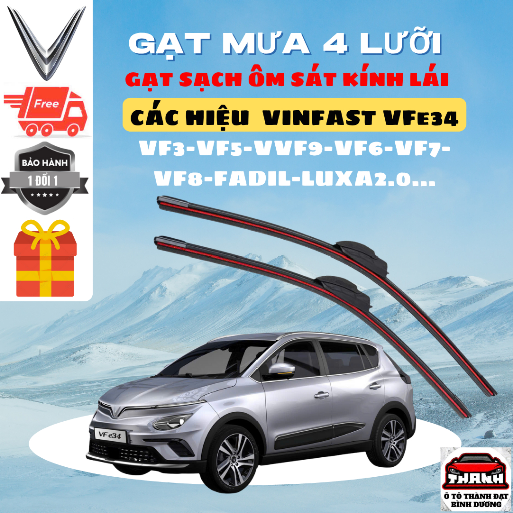 Gạt Mưa VFe34, Gạt MƯA VINFAST, VF8,VF9,VF7,VF6, VF5,VF3, FADIL, HERIO,LIMO GREEN, PRESIDANT, Silicon 4 Lưỡi Gạt Sạch Êm