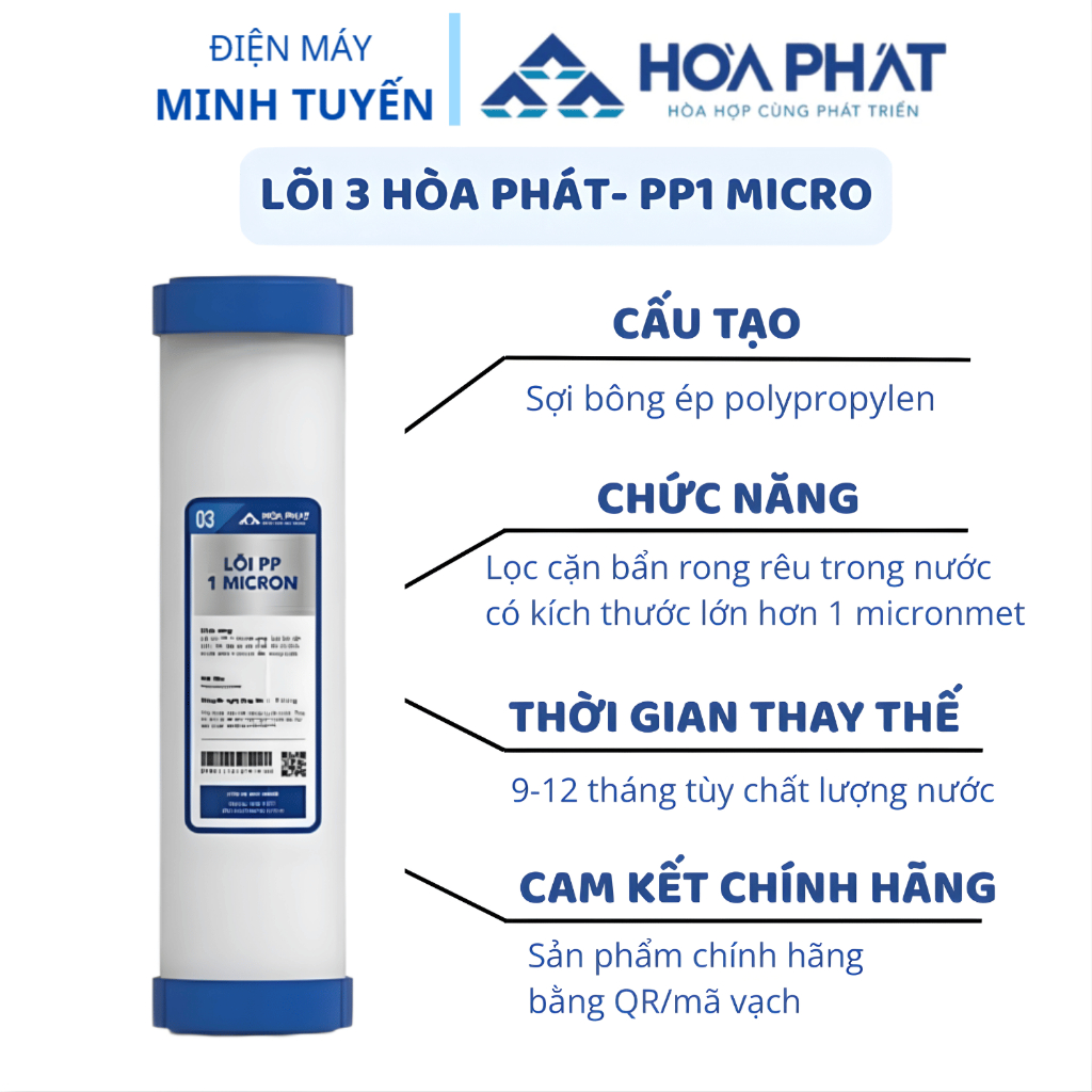 Bộ 3 lõi lọc thô 123 Hòa Phát Chính Hãng dùng cho máy lọc nước RO 3 cốc 10inch