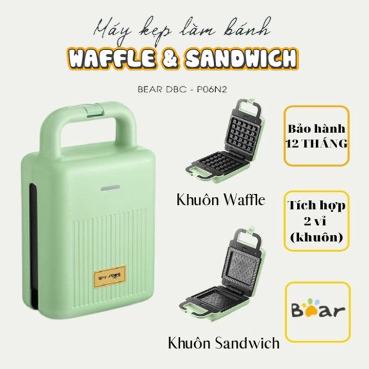Máy nướng làm bánh BEAR 600W gia nhiệt kép 2 mặt, chống dính telfon siêu bền