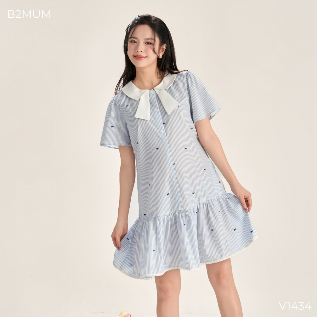 Váy Bầu Kẻ Nơ Xanh Đuôi Cá Nhẹ Nhàng, Chất Mềm Thoáng Mát, Mặc Đi Làm Đi Chơi - Luxe Dress V1434 By B2MUM