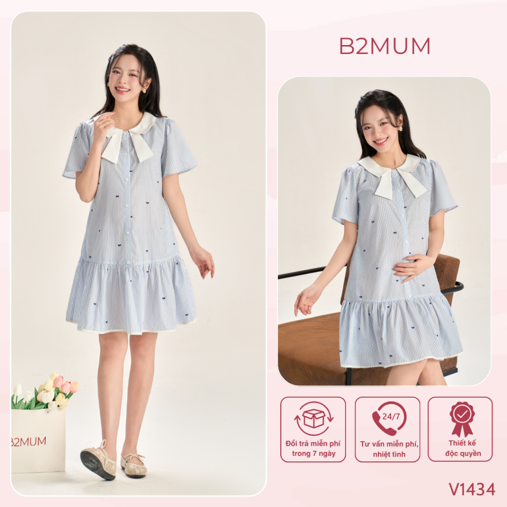 Váy Bầu Kẻ Nơ Xanh Đuôi Cá Nhẹ Nhàng, Chất Mềm Thoáng Mát, Mặc Đi Làm Đi Chơi - Luxe Dress V1434 By B2MUM