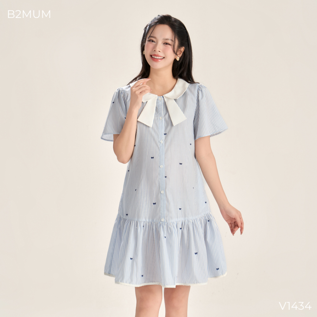 Váy Bầu Kẻ Nơ Xanh Đuôi Cá Nhẹ Nhàng, Chất Mềm Thoáng Mát, Mặc Đi Làm Đi Chơi - Luxe Dress V1434 By B2MUM