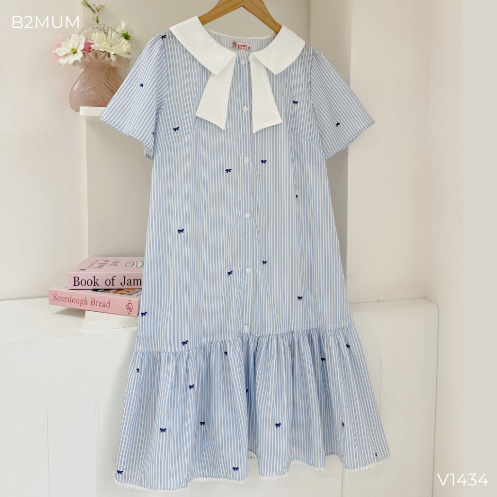 Váy Bầu Kẻ Nơ Xanh Đuôi Cá Nhẹ Nhàng, Chất Mềm Thoáng Mát, Mặc Đi Làm Đi Chơi - Luxe Dress V1434 By B2MUM