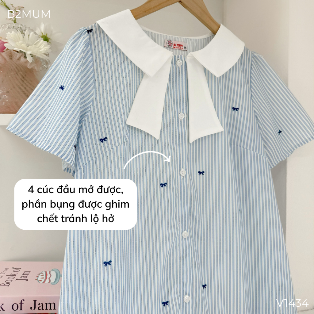 Váy Bầu Kẻ Nơ Xanh Đuôi Cá Nhẹ Nhàng, Chất Mềm Thoáng Mát, Mặc Đi Làm Đi Chơi - Luxe Dress V1434 By B2MUM