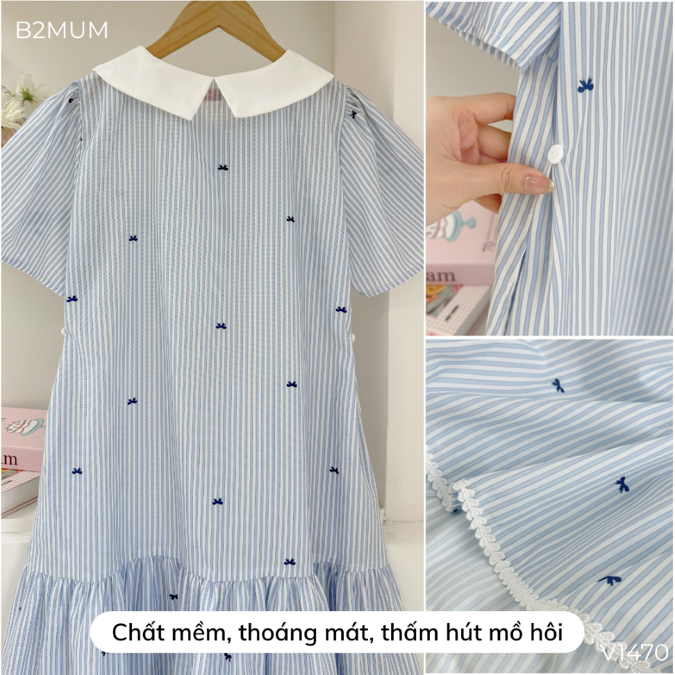 Váy Bầu Kẻ Nơ Xanh Đuôi Cá Nhẹ Nhàng, Chất Mềm Thoáng Mát, Mặc Đi Làm Đi Chơi - Luxe Dress V1434 By B2MUM