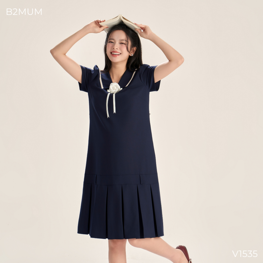 Váy Bầu Công Sở Tay Cộc Dáng Chữ A, Kèm Nơ Cài Rời, Thanh Lịch Hiện Đại, Đi Làm Đi Chơi - Soleen Dress V1535 By B2MUM