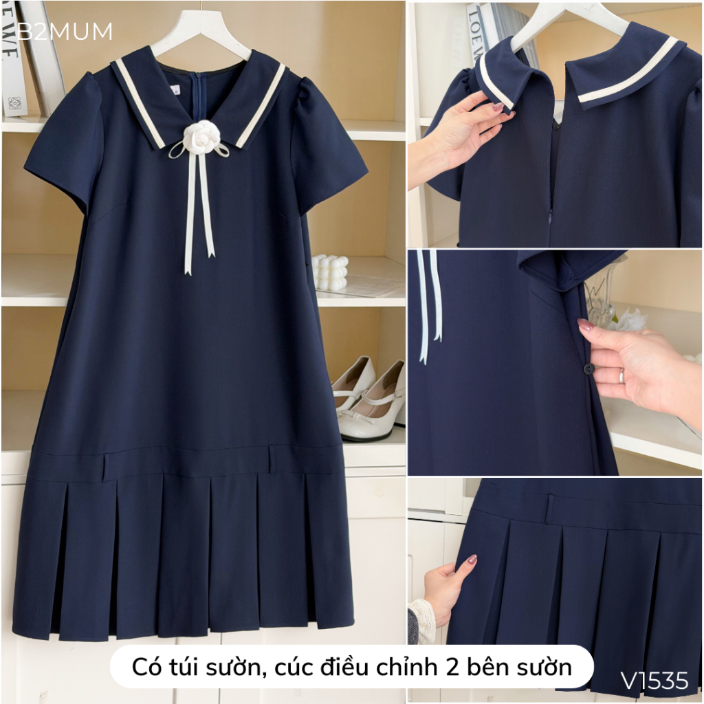 Váy Bầu Công Sở Tay Cộc Dáng Chữ A, Kèm Nơ Cài Rời, Thanh Lịch Hiện Đại, Đi Làm Đi Chơi - Soleen Dress V1535 By B2MUM
