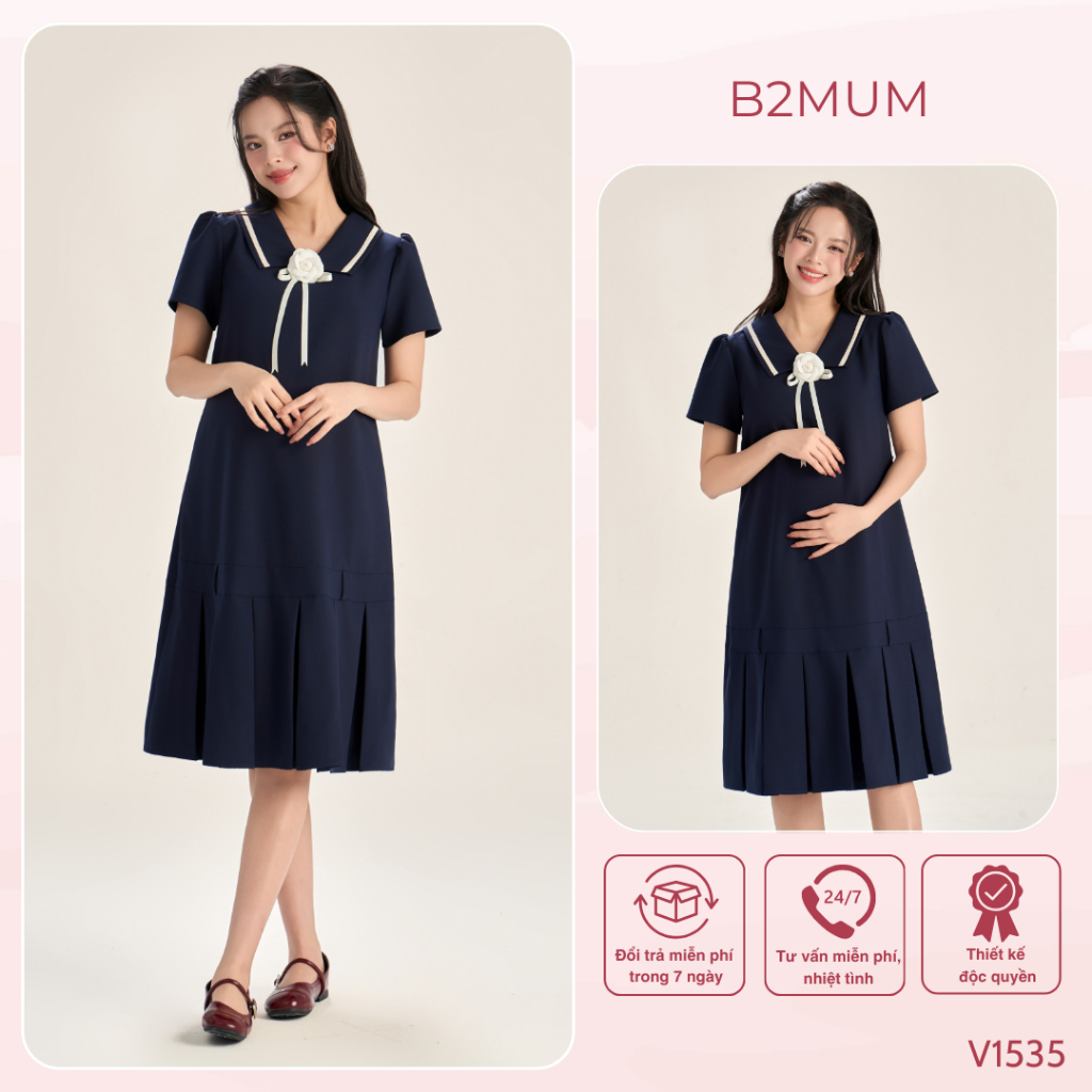Váy Bầu Công Sở Tay Cộc Dáng Chữ A, Kèm Nơ Cài Rời, Thanh Lịch Hiện Đại, Đi Làm Đi Chơi - Soleen Dress V1535 By B2MUM