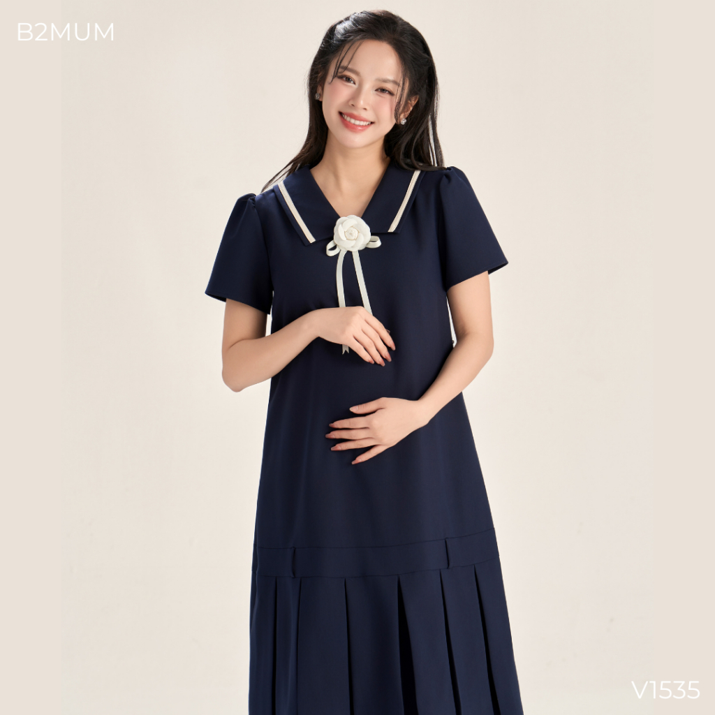 Váy Bầu Công Sở Tay Cộc Dáng Chữ A, Kèm Nơ Cài Rời, Thanh Lịch Hiện Đại, Đi Làm Đi Chơi - Soleen Dress V1535 By B2MUM