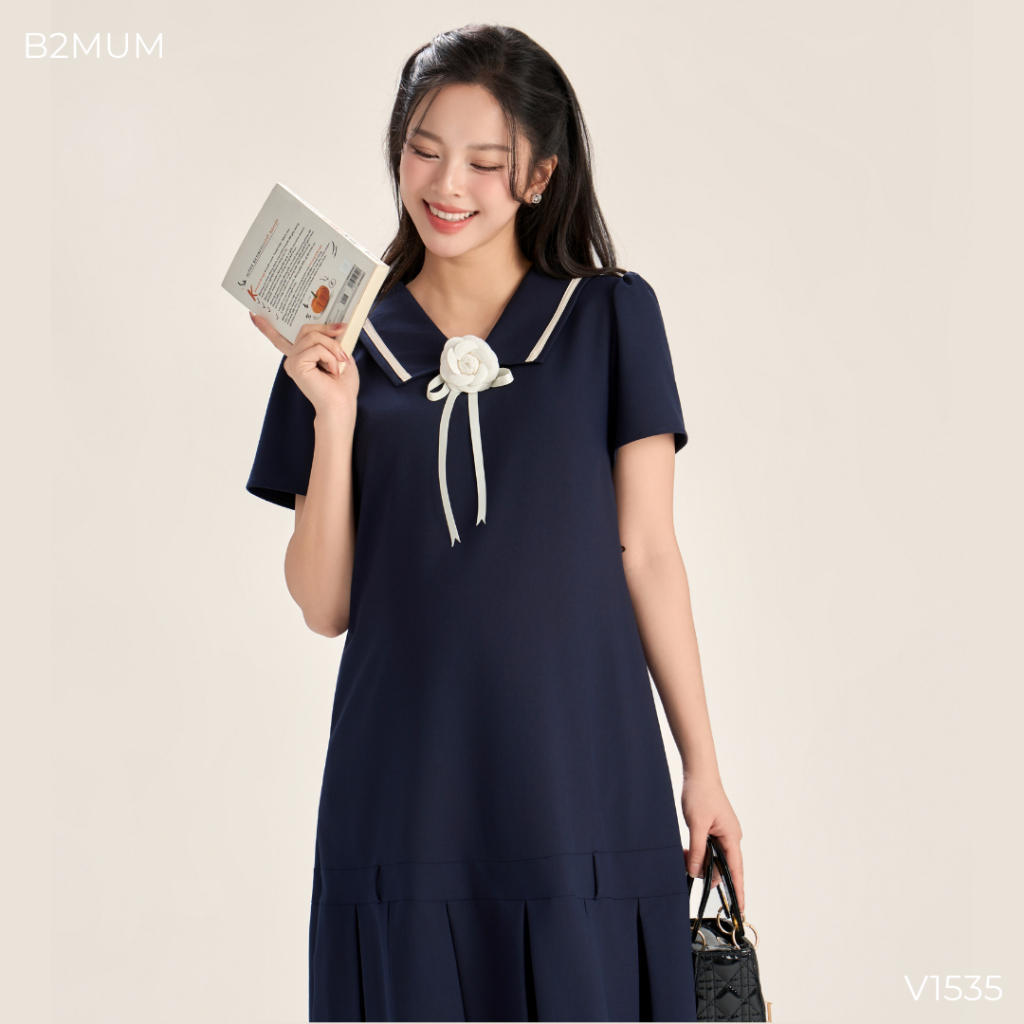 Váy Bầu Công Sở Tay Cộc Dáng Chữ A, Kèm Nơ Cài Rời, Thanh Lịch Hiện Đại, Đi Làm Đi Chơi - Soleen Dress V1535 By B2MUM
