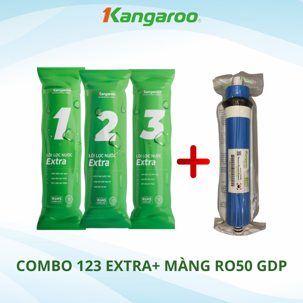 Combo 4 Lõi Lọc Nước Kangaroo Gồm 1 Bộ Thô 123 Và Màng RO 50GPD Hàn Quốc Dùng Cho Máy Lọc Nước RO - Hàng Chính Hãng