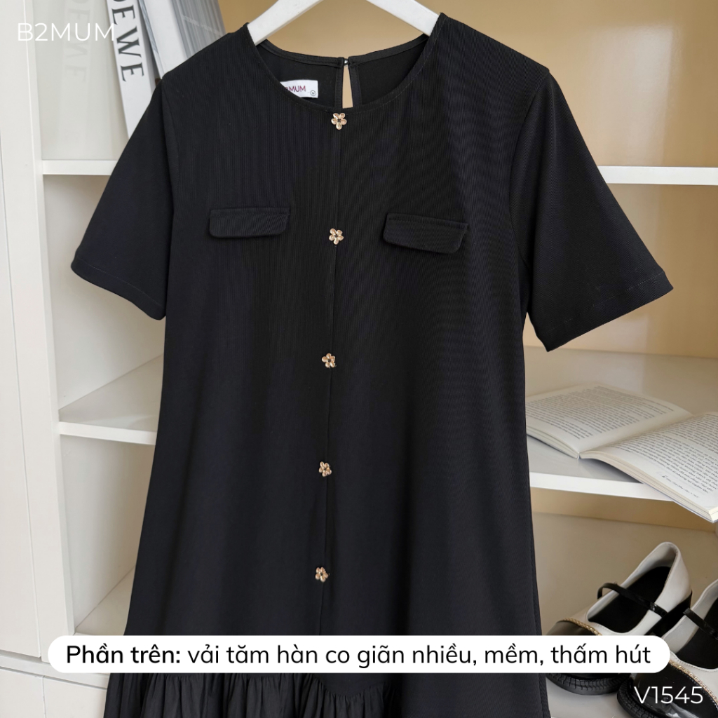 Váy Bầu Đuôi Cá Phối Cúc Hoa, Vải Tăm Hàn Mềm Mát, Thanh Lịch Hiện Đại, Đi Làm Đi Chơi - Cader Dress V1545 By B2MUM
