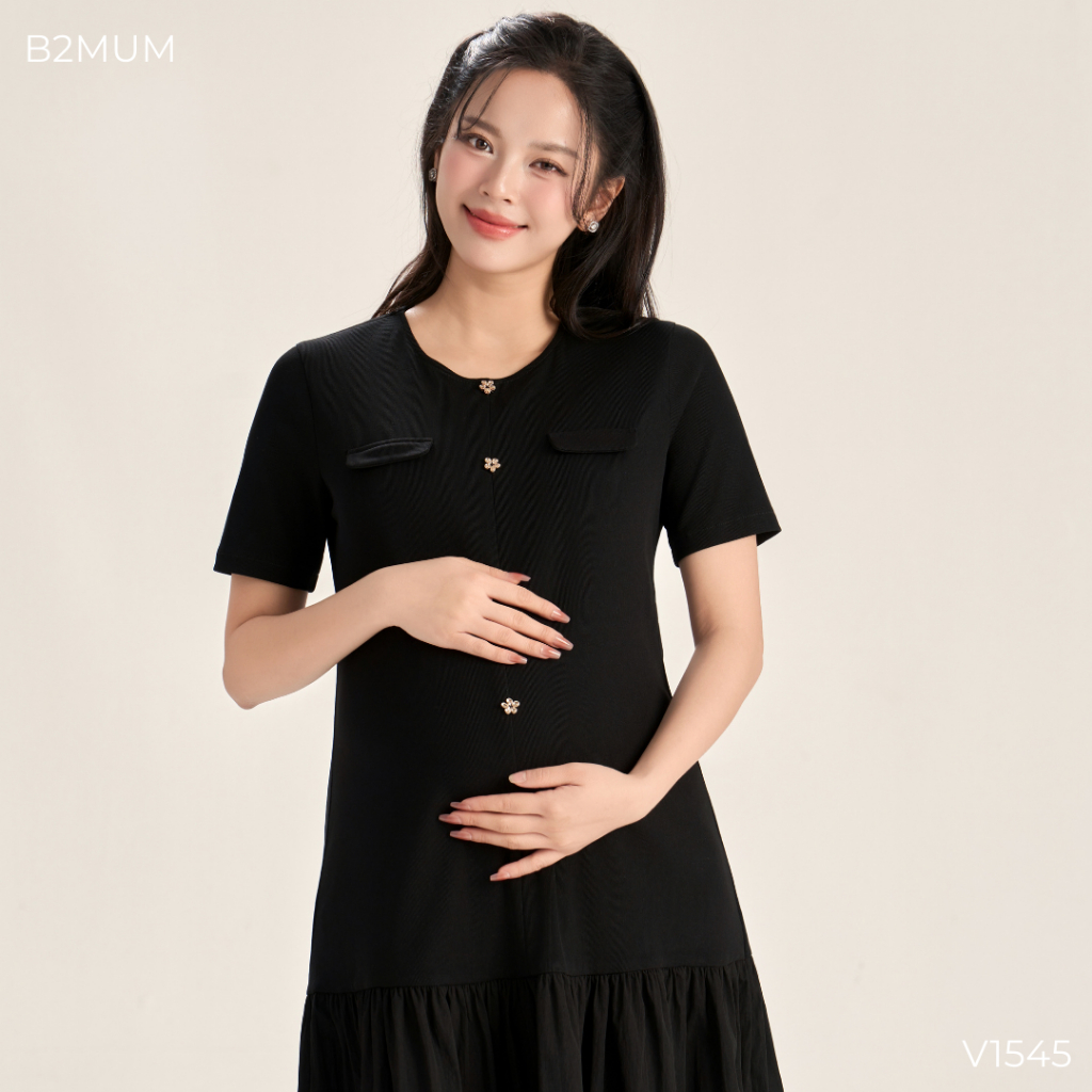 Váy Bầu Đuôi Cá Phối Cúc Hoa, Vải Tăm Hàn Mềm Mát, Thanh Lịch Hiện Đại, Đi Làm Đi Chơi - Cader Dress V1545 By B2MUM