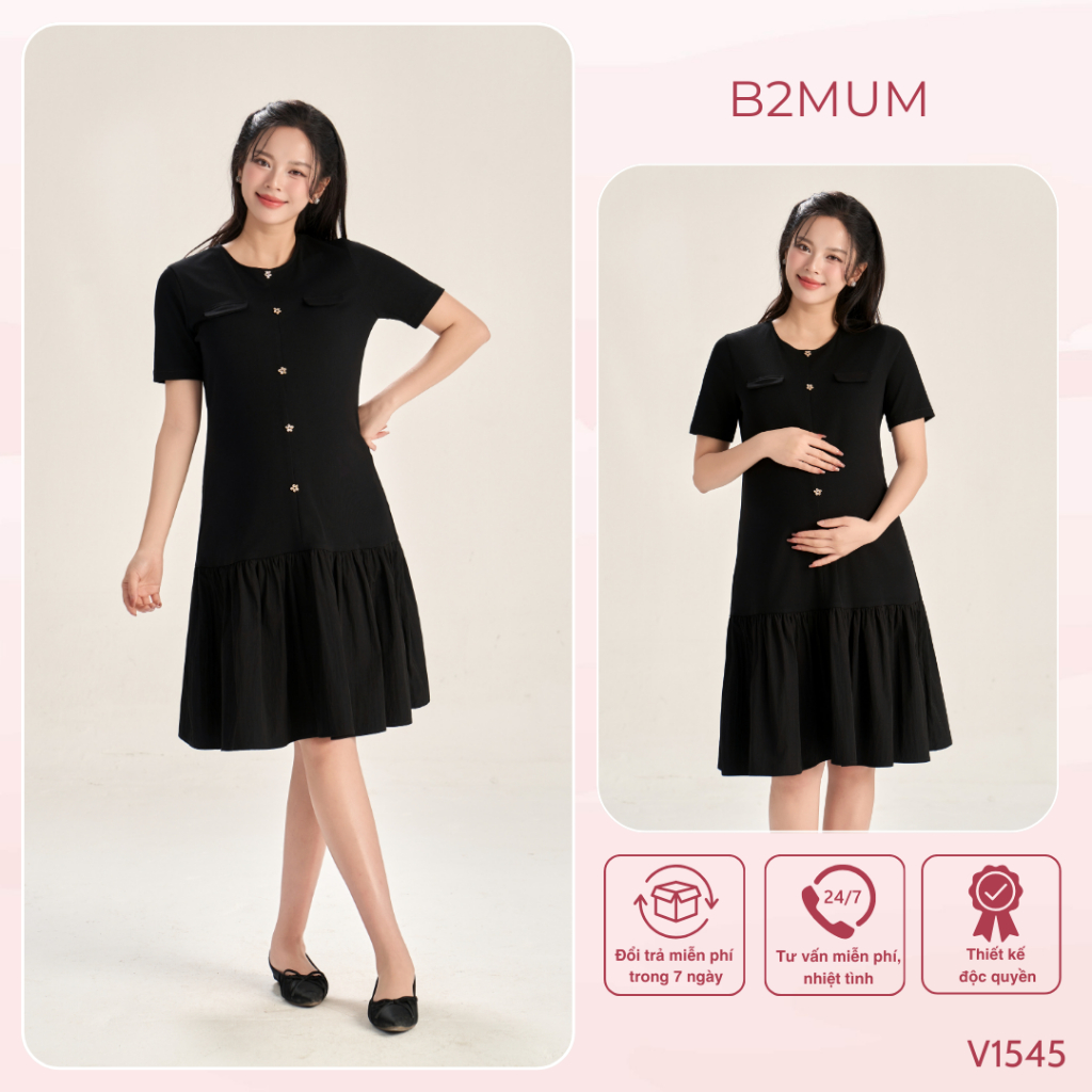 Váy Bầu Đuôi Cá Phối Cúc Hoa, Vải Tăm Hàn Mềm Mát, Thanh Lịch Hiện Đại, Đi Làm Đi Chơi - Cader Dress V1545 By B2MUM