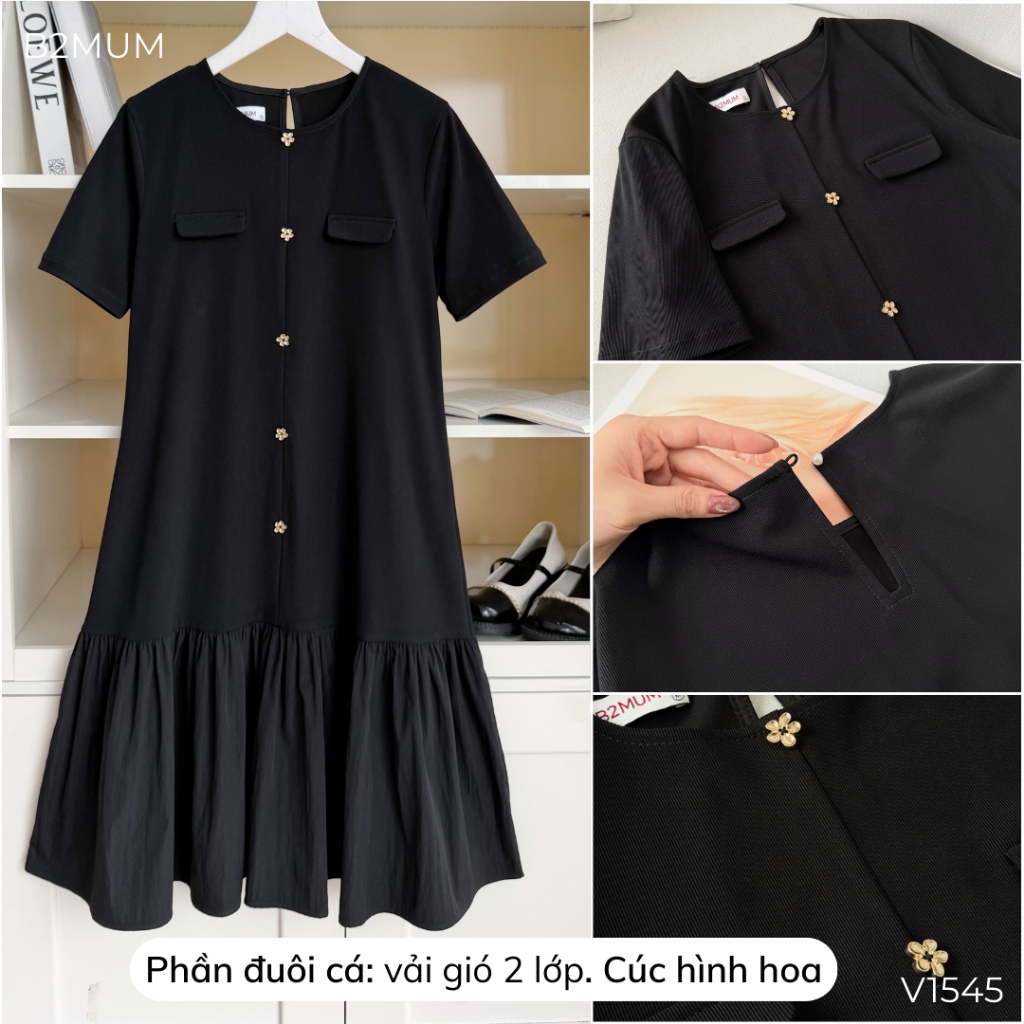 Váy Bầu Đuôi Cá Phối Cúc Hoa, Vải Tăm Hàn Mềm Mát, Thanh Lịch Hiện Đại, Đi Làm Đi Chơi - Cader Dress V1545 By B2MUM