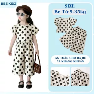 Đồ Bộ Bé Gái, Set Đồ Bé Gái Thiết Kế Áo Tay Bồng Kèm Quần Ống Suông Chấm Bi Xinh Yêu