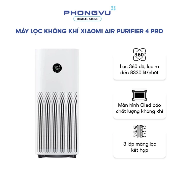 Máy Lọc Không Khí Xiaomi Smart Air Purifier 4 Pro - Lọc Bụi PM2.5, CADR 500m³/h, OLED, Ion Âm - Phòng 35-60m² - BH 12T